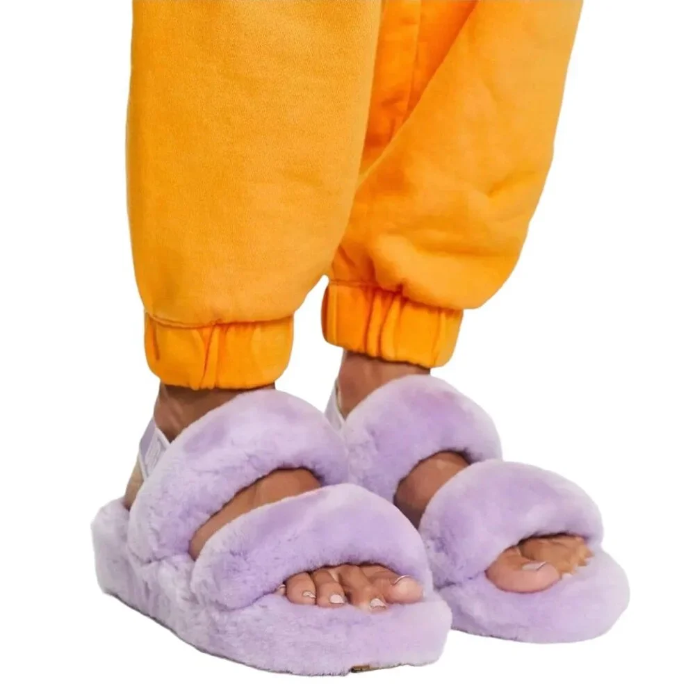 New UGG 6 Slippers Oh Yeah Womans Double Strap Sheep Fur Sandal Open Toe Shoes